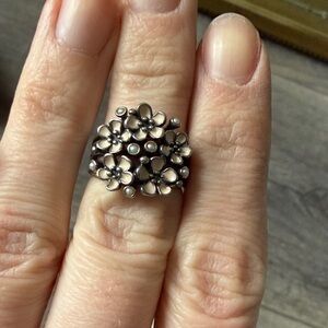 Pandora 925 Sterling Silver Pink Enamel Pearl Cherry Blossom Statement Ring